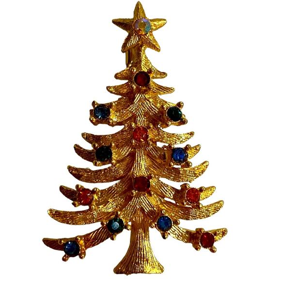 Vintage Christmas Brooch Tree Rhinestone pin gold tone Rafael MCM - Picture 1 of 6